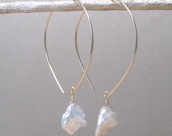 Keshi Pearl Open Hoop Gold Earrings