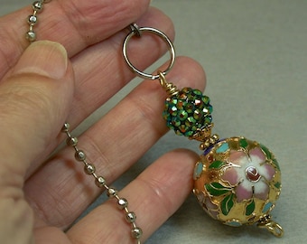 Vintage Chinese LARGE GOLD Champleve Cloisonne Focal Bead Fan Light Pull, Chinese Green Iridescent Crystal Bead