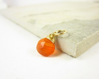 14k Gold Charms - Neon Orange Carnelian Gemstone - Wire Wrapped Jewelry Handmade - Orange Gemstone Pendant - JustDangles