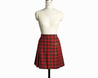 Vintage 90s Red Plaid Punk Rock Skirt / Tartan Plaid Mini Skirt / Pleated Wrap Skirt with Safety Pins - women's xs/small