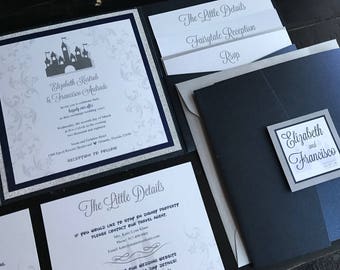 Fairytale Custom Pocket Wedding Invitation Suite |Metallic Navy & Silver Glitter | Custom Fairytale Inspired Invitation Suite | Castle