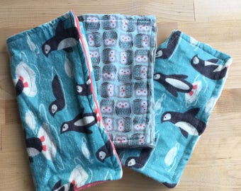 PENGUIN & OWL PACK! 3 Flannel burp cloths
