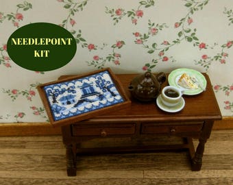 Doll's house tray cloth kit needlepoint, 1:12 Willow pattern traycloth pattern, Petitpoint traycloth, Dollhouse tray cloth, 32 silk gauze