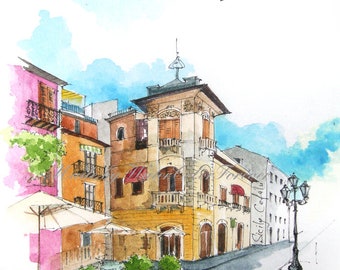 Cefalu original painting/Sicily watercolor cityscape/watercolour painting/Sicily artwork/small painting/miniature watercolor/Italy painting