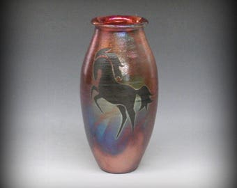 Raku Vase with Black Horse in Metallic Iridescent Colors