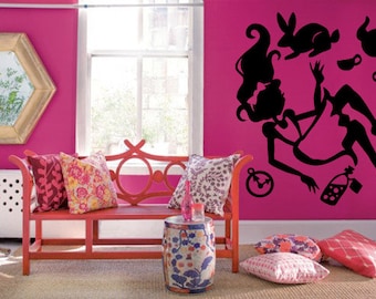 Wall Sticker Decals Alice In Wonderland Cartoon Rabbit Tea Time Cheshire Cat Girl Nursery Bedroom 1386b