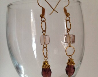 Swarvoski Purple/Lavender & Light Pink Crystal Beads Dangle Pierced Earrings, Goldtone Ear Wires, Gift, Gift Bag.