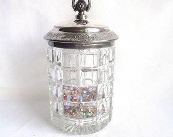 Heavy Cut Crystal Vintage Jelly Jar and Silver Plated Floral Detail Metal Lid - Square Cut Thick Crystal