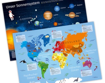 Placemat with learning effect for children - 2-in-1 - world map outer space planet Mars Earth countries * nikima *.