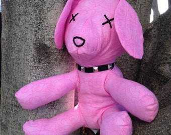 Playing Dead- Pink Dog Plush, goth stuffed puppy toy, mothers day gift for mom, punk rock baby girl gift, gender reveal shower, embroidered