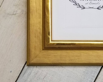 Adrienne Gold Wood Picture Frame with White Mat 8x10, 9x12, 11x14, 14x16, 16x20 Custom Standard and custom sizes available.