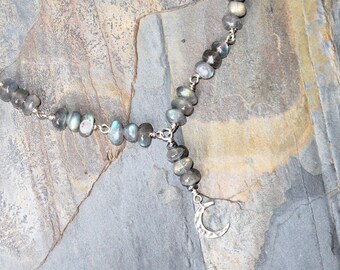 Moon Necklace, Labradorite Necklace, Sterling Silver Necklace, Natural Stone Necklace, Gray Necklace, Gemstone Necklace, Celestial Necklace