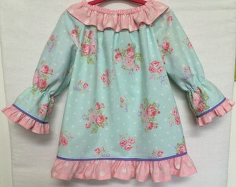 Easter Dress, Baby Girl Dress, Little Girl Dress, Pink Floral Aqua Dress, Easter 3/4 Sleeve Dress, Childs Dress, Baby Dress, Toddler Dress