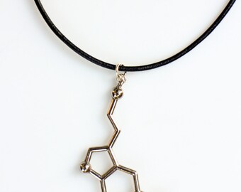 Silver Serotonin Leather Molecule Necklace, Chemistry Necklace, Hormone Leather Biochemistry Molecule Happiness Signal Pendant Biology