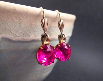 Rhinestone Earrings, Hot Pink Glass Stones, Brass Dangle Earrings, FREE Shipping U.S.