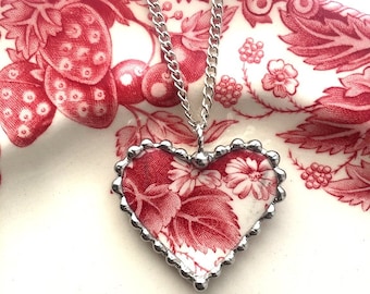 Johnson Bros Strawberry Fair, daisies, broken china jewelry, heart pendant necklace, red toile, English transferware. recycled china