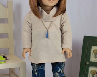Tunic SWEATER Top Beige Tan Camel with Blue LEGGINGS and BOOTS Options for American Girl or 18 inch Doll