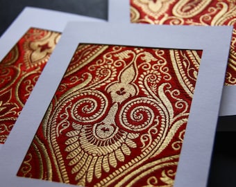 Multi pack greeting cards, Pack of 3 or 5, Indian fabric greeting cards, blank print fabric card, gold card, textile cards, bundle of cards