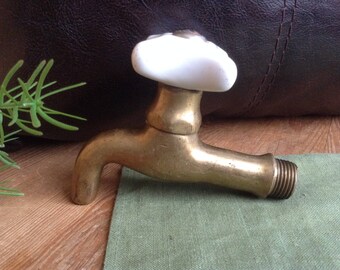 Vintage Brass Faucet, Hot Cold Knobs, Wall Faucet, Bath Tub Faucet, Sink Faucet, Vintage Plumbing, White Porcelain Handle, Soviet Water Tap