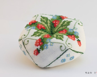 PIN CUSHION with cross stitch strawberries
