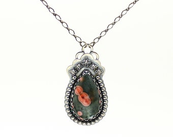 Ocean Jasper Pendant, Gemstone Pendant Necklace, Sterling Silver Pendant, Green Stone Necklace, Artisan Pendant Necklace, JMK Jewelry