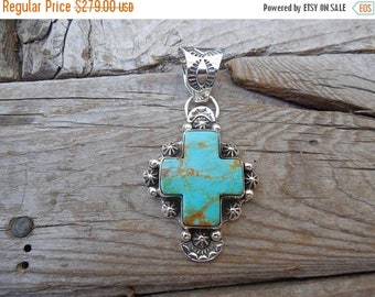 ON SALE Beautiful turquoise cross pendant handmade in sterling silver