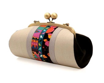 Large Clutch Purse with Strap, Kiss Lock Purse, Beige Clutch, Boho Evening Bag, Crossbody Clutch Bag, Beige Handbag, Unique Gifts for her