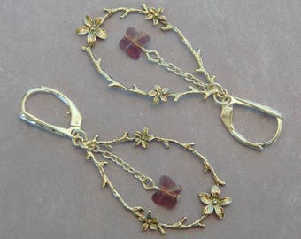 FREE SHIPPING! Twig/Flower Sterling Silver Earrings Swarovski Cyclamen Opal Crystal Butterfly, Nature-Inspired Pierced Earrings ME-495