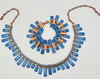 Vintage MATISSE RENOIR SET Blue Enamel Copper Peter Pan Demi Parure Necklace Bracelet Set Mid Century Modern Book Piece