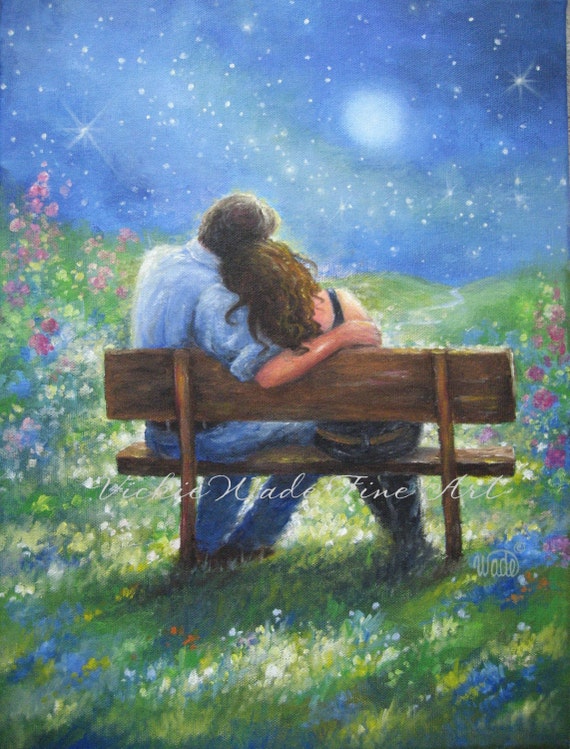 Loving Couple Art Print lovers in moonlight hugging