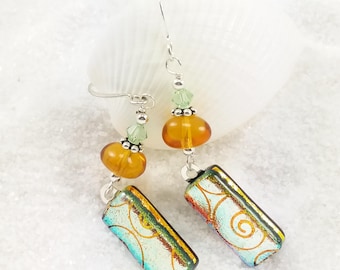 Dichroic glass earrings, Fused glass, handmade gifts, dichroic jewelry, orange earrings, statement earrings, Hana Sakura, dichroic Glass