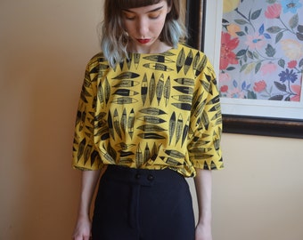 Yellow Leaf Print Tunic with Button Up Back