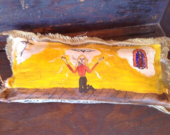 X-Voto Custom pillow painted 8x12 on canvas with burlap backing
