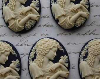5 unset lady cameos - Ivory on black - 30x40mm