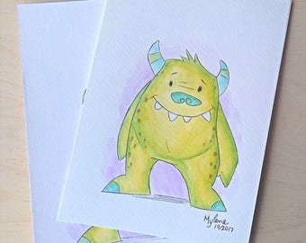 Original watercolor, friendly monster, 5 x 7