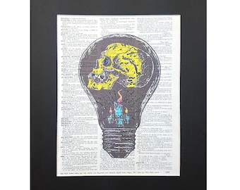 Wise Bulb Skull on Vintage Dictionary Page Art Print, Wall Decor, Digital Manipulation with Sparks of Glitter,