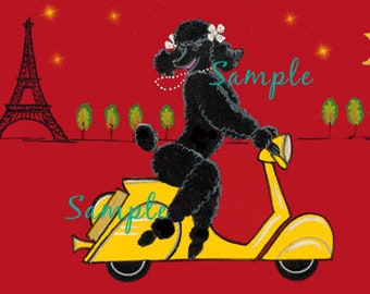 Black Poodle Scooter Eiffel Tower Vintage Style 6 Note Cards with Envelope