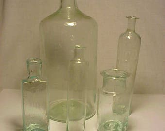 c1830-1850s Group of 5 Cork Top Aqua Glass Open Pontil Medicine Bottles, Rare Find Open Pontil Utility Bottles