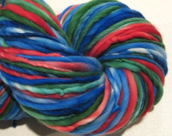 Super Bulky Handspun Yarn Iznik 128 yards hand dyed merino wool red blue green yarn waldorf doll hair knitting supplies crochet supplies