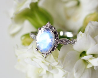 Rose Gold Moonstone Engagement Ring Blue Moonstone Engagement Ring Platinum White Gold Moonstone Wedding Ring Antique Vintage Moonstone Ring