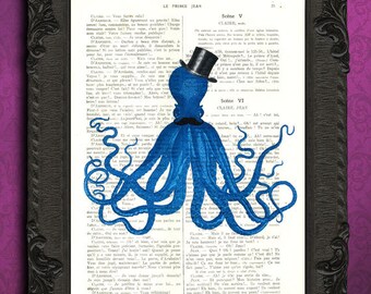 dictionary art octopus print, vintage upcycled book page, blue octopus with mustache and top hat