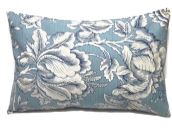 Decorative Lumbar Pillow Cover Light Blue Navy Blue White Floral Design Same Fabric Front/Back Toss Throw Accent 12x18 inch x