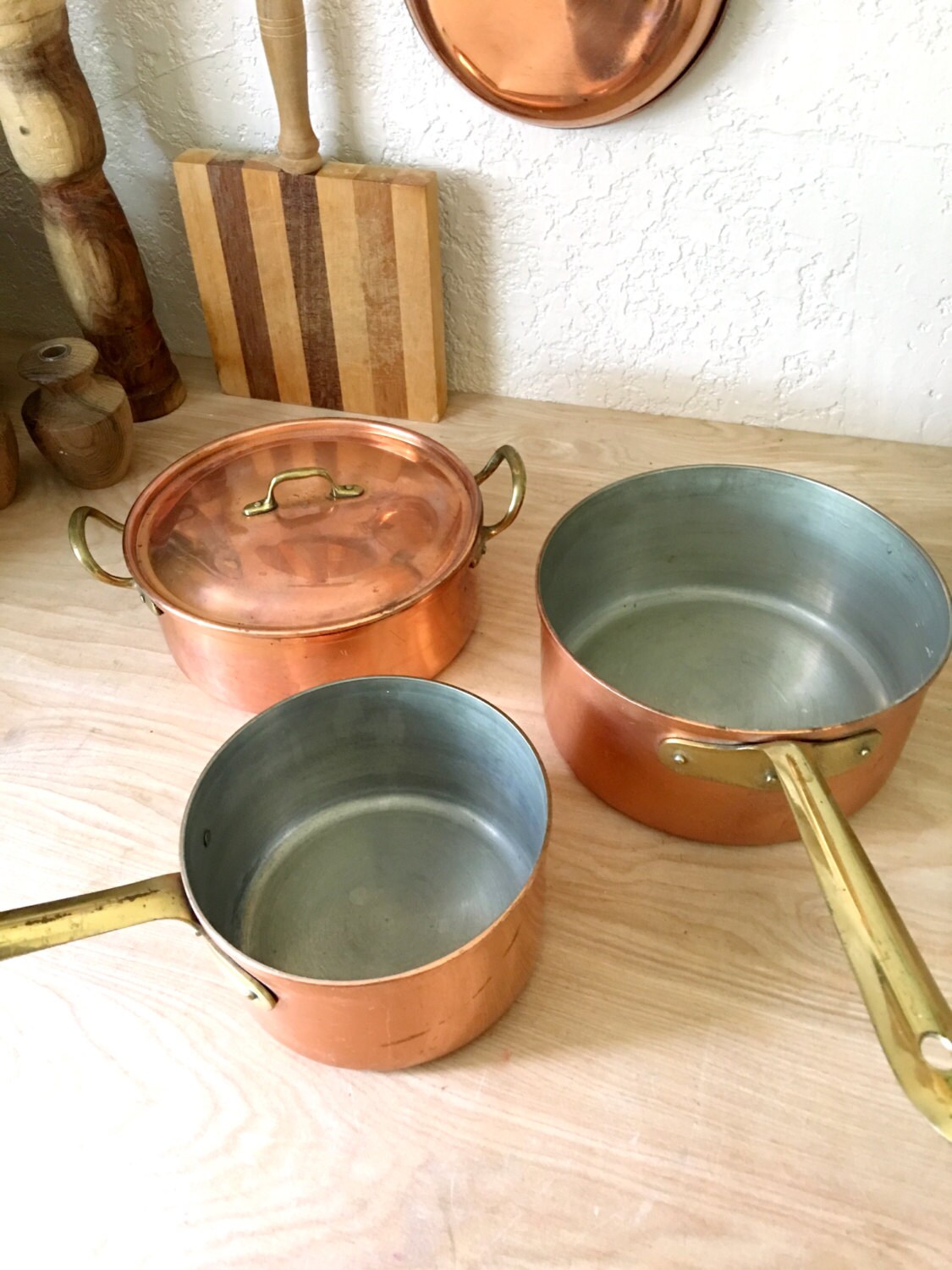 Mid Century Tagus Portugal Copper Pots with Brass Handle