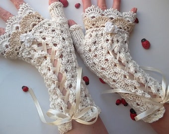 Crocheted Cotton Gloves L Ready To Ship Victorian Fingerless Summer Women Wedding Lace Evening Hand Knitted Opera Bridal Ivory Corset B80