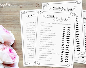 He Said She Said Bridal Shower Game - INSTANT DOWNLOAD - Printable Wedding Games, Bride, Groom, Black White, Choose, Bachelorette, Trivia