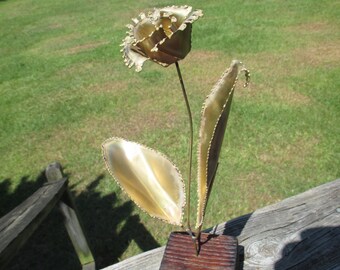 Vintage Metal Art Flower Brutalist Sculpture--Mid Century Decor--Single Flower on Square Wood Base--Jere' Style Tabletop
