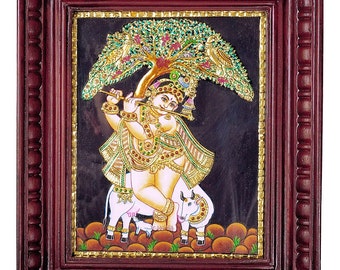 Made to order - Krishna with Calf/Venugopal- Tanjore painting