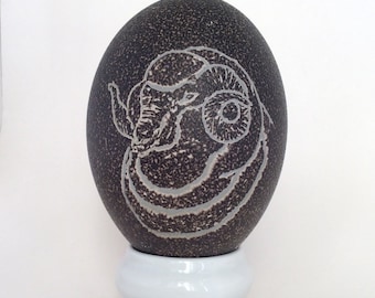 Authentic Emu Egg from Australia, Carved, Etched Rams Head Design, Signed, 1980's