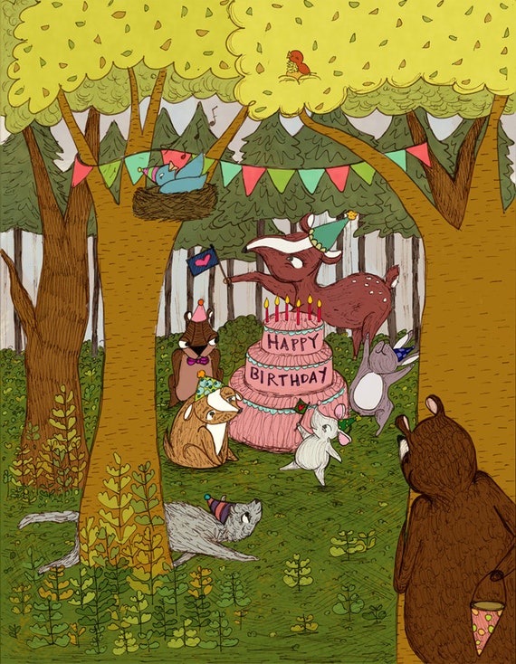 Woodland Creatures Birthday Party 8.5x11 Print Happy