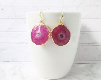 geode earrings pink, druzy earrings, raw crystal earrings, raw stone earrings, geode jewelry gift, quartz crystal earrings, geode jewelry,